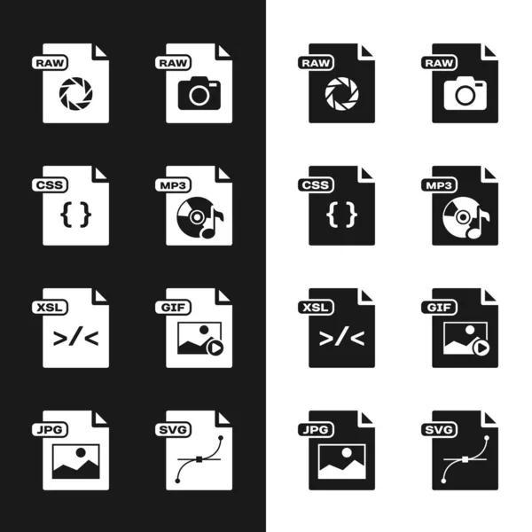 Stel MP3-bestand document, CSS, RAW, XSL, GIF, SVG en JPG pictogram. Vector — Stockvector