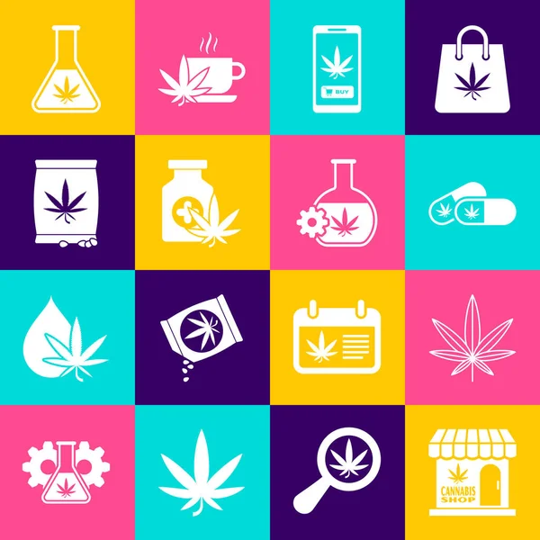 Ställ in Marijuana och cannabis butik, blad, Medicinska piller med marijuana, Online köpa, flaska, frön, provrör och ikon. Vektor — Stock vektor