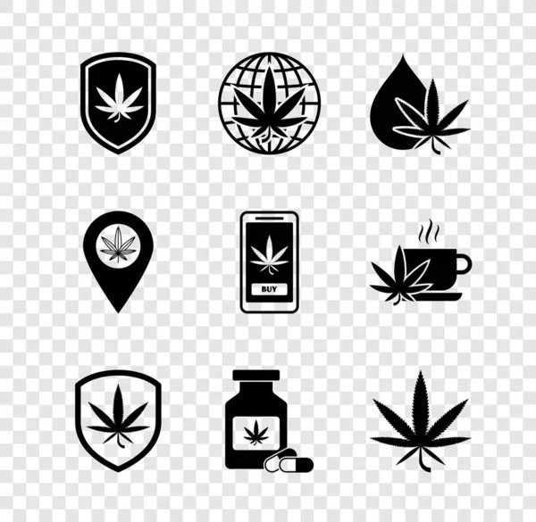 Set Shield και μαριχουάνα, Νομιμοποίηση, μαριχουάνα ή λάδι φύλλων κάνναβης, Ιατρικό μπουκάλι με, Τοποθεσία και Online αγορά εικονίδιο. Διάνυσμα — Διανυσματικό Αρχείο