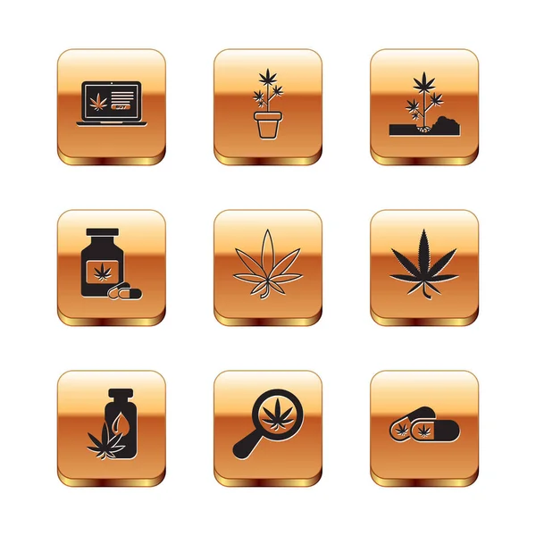 Set Compra online marihuana, marihuana o aceite de hoja de cannabis, lupa y, Botella médica con, Plantación, píldoras e icono de maceta. Vector — Vector de stock