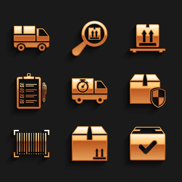 Ορισμός Φορτηγό παράδοσης και χρονόμετρο, Χάρτινο κουτί με κίνηση, Πακέτο ελέγχου σήμα, ασπίδα ασφαλείας, Barcode, Επαλήθευση της λίστας παράδοσης, κιβώτια παλέτα και εικονίδιο. Διάνυσμα — Διανυσματικό Αρχείο