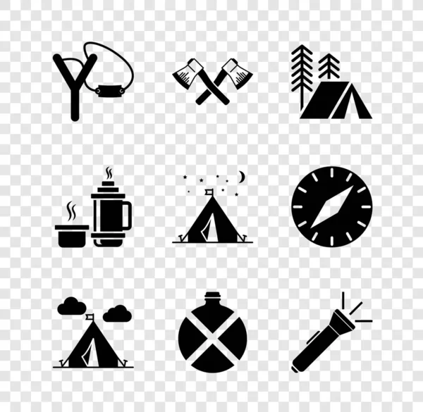 Set Prak, Překřížená dřevěná sekera, Turistický stan, s vlajkou, Lahvička na vodu, Baterka, Termoska kontejner a ikona. Vektor — Stockový vektor