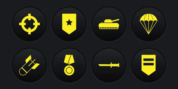 Stel Luchtvaart bom, Parachute, Militaire beloning medaille, mes, tank, Chevron, en Target sport icoon. Vector — Stockvector