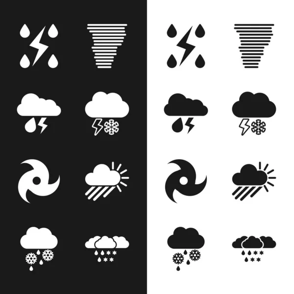 Set Cloud with snow and lightning, rain, Storm, Tornado, Cloudy sun, and icon. Vector — Stock Vector