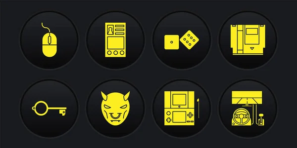 Set Ancient key for game, Cartridge, Mask of the devil with horns, Portable video console, Game dice, Create account screen, Racing simulator cockpit and Computer mouse icon. Vector — Stock Vector
