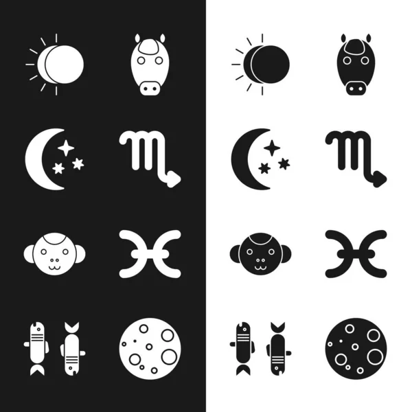 Set Scorpion zodiaque, Lune et étoiles, Eclipse du soleil, Cheval, Singe, Poissons, et icône. Vecteur — Image vectorielle