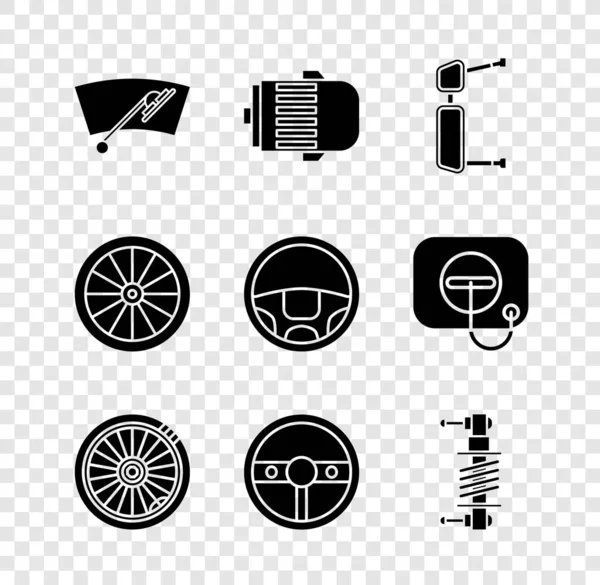 Set Essuie-glace, moteur électrique, rétroviseur côté camion, volant, direction, amortisseur et icône. Vecteur — Image vectorielle