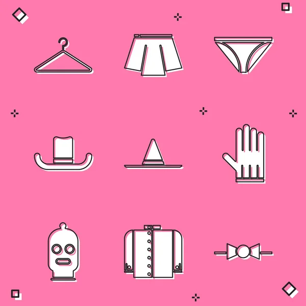 Set Hanger garde-robe, jupe, sous-vêtements pour hommes, chapeau pour homme, jardinier, gant en cuir, cagoule et icône de T-shirt. Vecteur — Image vectorielle
