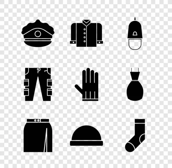 Definir boné de polícia com cockade, camiseta, saia, chapéu de gorro, meias, calças de carga e ícone de luva de couro. Vetor —  Vetores de Stock