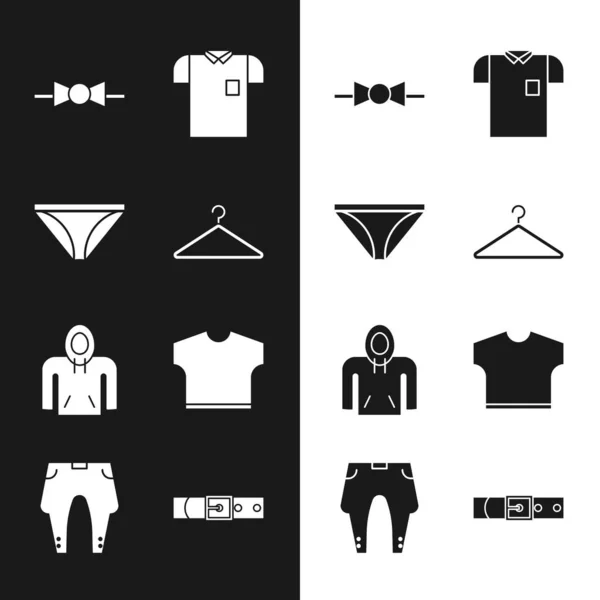 Askı dolabı, erkek donu, papyon, polo gömlek, kapüşon, tişört, deri kemer ve pantolon ikonu. Vektör — Stok Vektör