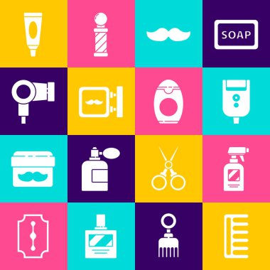 Saç fırçası, saç spreyi şişesi, erkekler için elektrikli tıraş bıçağı, bıyık, berber dükkanı, kurutucu, krem losyon kozmetik tüp ve şampuan ikonu. Vektör