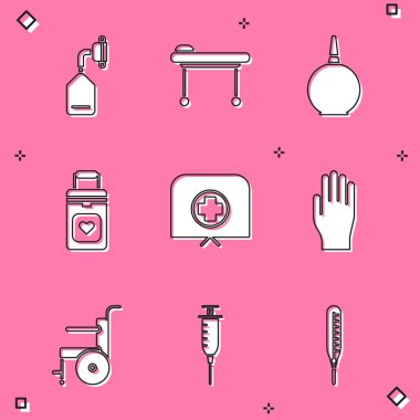 Tıbbi oksijen maskesi, Sedye, Enema, Organ kabı, haçlı hemşire şapkası, lastik eldiven, engelliler için tekerlekli sandalye ve şırınga ikonu hazırlayın. Vektör