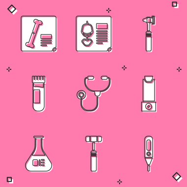 Röntgen çekimini, tıbbi otoskop aletini, kan tüpünü, stetoskopu, spreyi, matarayı ve nöroloji refleks çekici ikonunu hazırlayın. Vektör