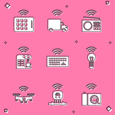 Kablosuz tablet, akıllı kamyon, radyo, kahve makinesi, klavye, ampul, dron ve sensör simgesini ayarla. Vektör
