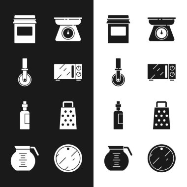 Mikrodalga fırın, pizza bıçağı, reçel kavanozu, pullar, bir şişe zeytinyağı, Grater, kesme tahtası ve kahve demliği ikonu. Vektör