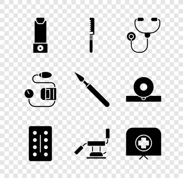 Szett inhalátor, orvosi fűrész, sztetoszkóp, tabletták buborékcsomagolásban, fogászati szék, nővér kalap kereszttel, vérnyomás és műtét sziké ikon. Vektor — Stock Vector