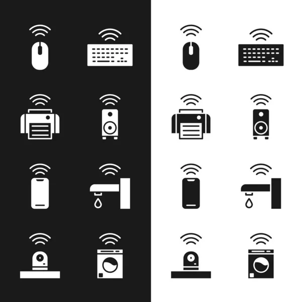Встановіть Розумний стереодинамік, принтер, бездротову мишу, клавіатуру, смартфон, водопровідний кран, пральну машину та піктограму камери безпеки. Векторні — стоковий вектор