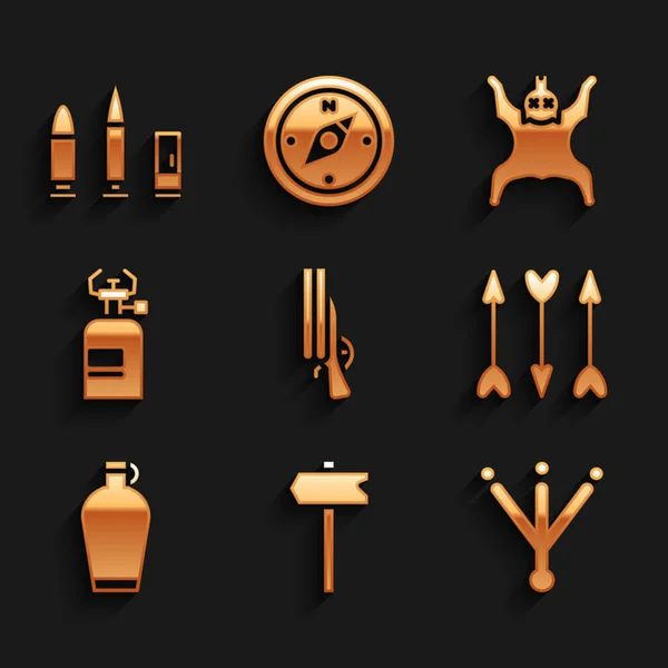 Set Shotgun, Road traffic sign, Bird footprint, Hipster arrows, Canteen water bottle, Camping gas stove, Bear skin and Bullet and cartridge icon. Vector — Stock Vector