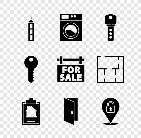 Set Skyscraper, Washer, House key, contract, Closed door, Location lock, and Hanging sign with For Sale icon. Vector — Stock Vector