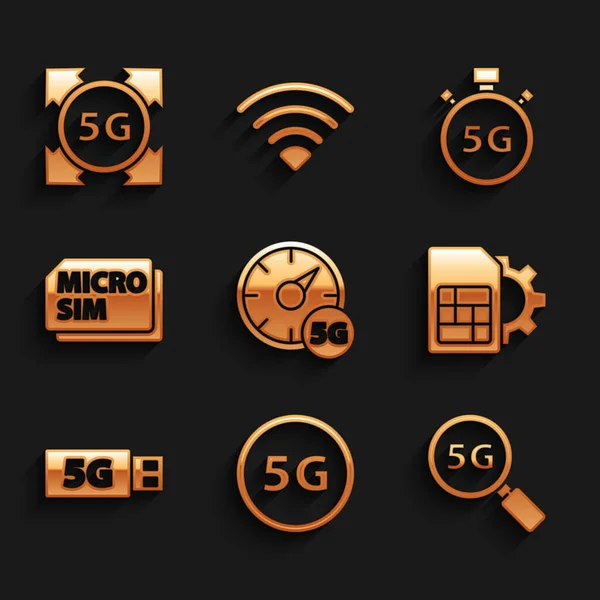 Stellen Sie digitale Geschwindigkeitsmesser 5G, Netzwerk, Suche, Sim-Karte Einstellung, Modem, Micro Card und Symbol ein. Vektor — Stockvektor