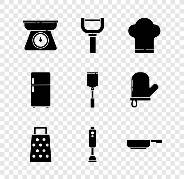 Set Scales, Peeler, Chef hat, Grater, Blender, Frying pan, Refrigerator і Spatula icon. Вектор — стоковий вектор