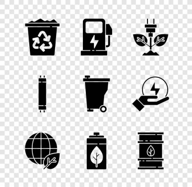 Geri dönüşüm kutusunu geri dönüşümle, elektrikli araba şarj istasyonuyla, fiş yaprağıyla, dünya küresiyle ve Eko doğa pili, biyoyakıt varili, floresan lamba ve çöp kutusu ikonuyla ayarla. Vektör