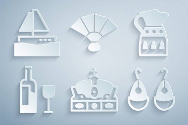 Crown of İspanya, Sangria sürahisi, cam kaplı şarap şişesi, küpeler, yelkenli ikonu ve yelkenli yelkenli ikonu. Vektör