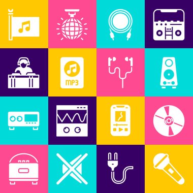 Mikrofon, CD veya DVD diski, Stereo hoparlör, Ses Jack, MP3 dosya dökümanı, DJ müzik çalıyor, Müzik Festivali bayrağı ve Air kulaklık simgesi. Vektör