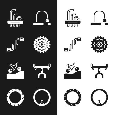 Bisiklet kaseti, pedallar, alet aleni anahtarlar, kilit, dağ bisikleti, gidon, tekerlek ve lastik ikonu ayarlayın. Vektör