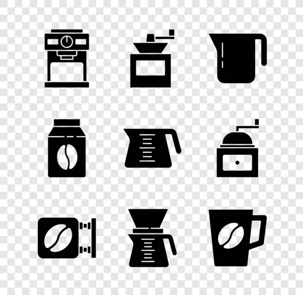 Set Kaffeemaschine, Kaffeemühle manuell, Kanne, Straßenschild, Gießkanne, Tasse, Bohnen und Symbol. Vektor — Stockvektor