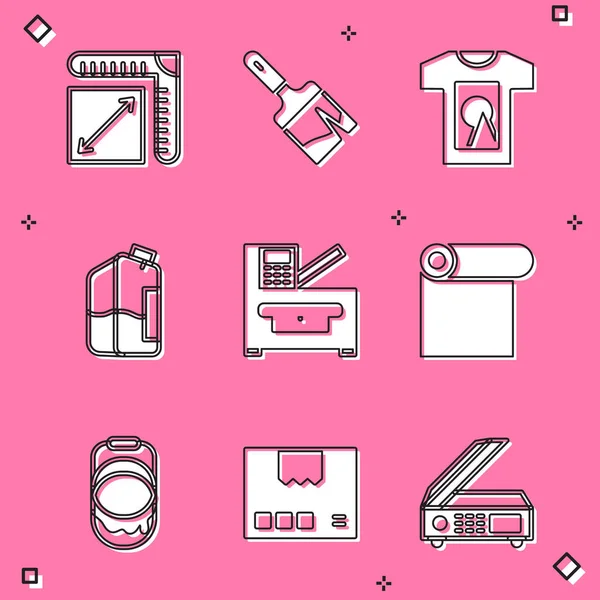 Set Papierformaat, Verfborstel, T-shirt, Drukinkt fles, Kopieermachine, Roll van papier, emmer en Kartonnen doos pictogram. Vector — Stockvector