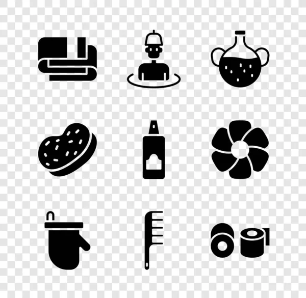 설정 타월 스택, 사우나 의 Man in the sauna, Essential oil bottle, Sauna mittens, Hairbrush, Toilet paper roll, Bath 스폰지 , Spray can for hair spray icon. Vector — 스톡 벡터