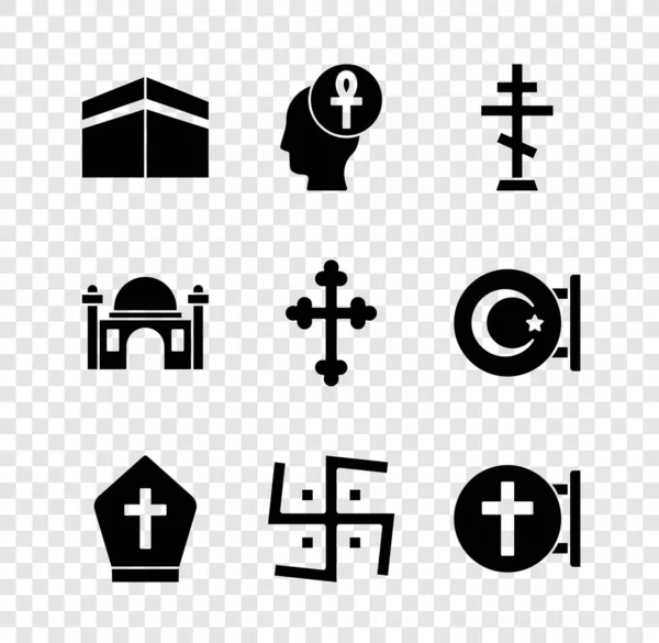 Set mezquita Kaaba, Cruz ankh, cruz cristiana, sombrero del Papa, esvástica hindú, mezquita musulmana e icono. Vector — Archivo Imágenes Vectoriales