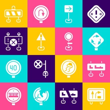 Trafik levhası, kavşak, sağa dönüş, üçgen, bariyer ve ikon şeklinde ünlem işareti koyun. Vektör