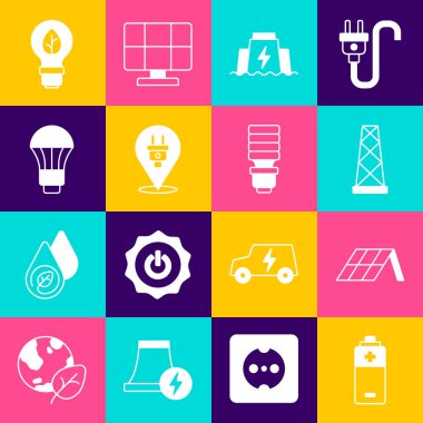 Batarya, güneş enerjisi paneli, anten, hidroelektrik baraj, elektrik prizi, LED ampul, yaprak ve simgeyle aydınlatma ayarlayın. Vektör