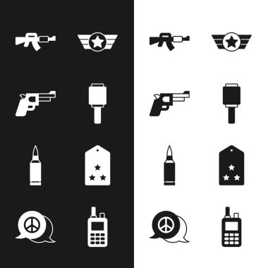 Tanksavar el bombası, tabanca ya da silah, M16A1 tüfek, Amerikan ordusu, kurşun, askeri rütbe, telsiz ve barış ikonu. Vektör