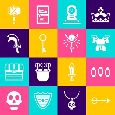Ok, Kurşun, Vücut zırhı, Mezar Taşı, Eski Anahtar, Oyun Kılıcı, Ortaçağ baltası ve Sihirli asa simgesi. Vektör