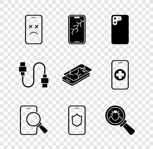 Set Dead mobile, Mobile with broken screen, Smartphone, Phone repair service, shield, System bug, USB cable cord and icon. Vector — Stock Vector