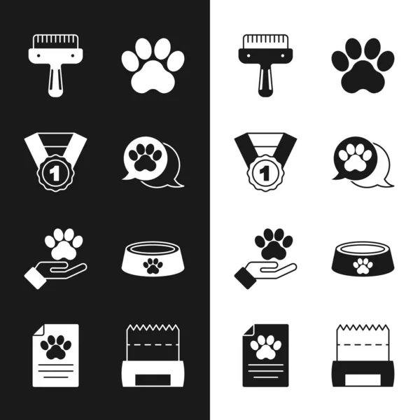 Set Paw print, Dog award symbol, Hair brush for dog and cat, Hands with animals footprint, Pet food bowl, shit bag and Clinical record pet icon. Vector — 图库矢量图片