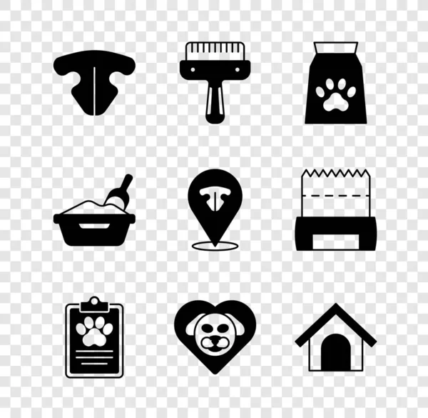 Set Katzennase, Haarbürste für Hund und Katze, Futterbeutel für Haustiere, klinische Schallplatte, Herz mit, Hundehaus, Streuschaufel und Symbol. Vektor — Stockvektor