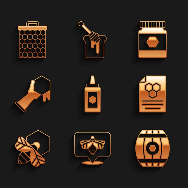 Set Tarro de miel, abeja, barril de madera con, panal de abeja, y panal, mano, y el icono. Vector — Vector de stock