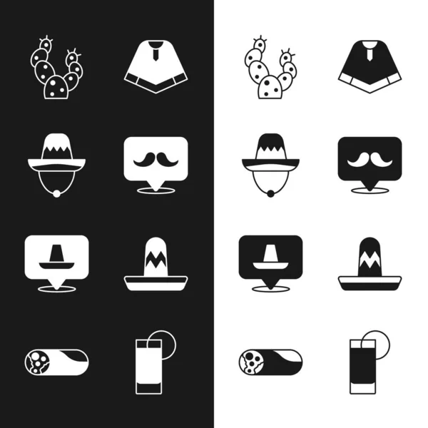 Set Moustache, sombrero mexicain, cactus, poncho, verre de tequila avec citron et icône Burrito. Vecteur — Image vectorielle