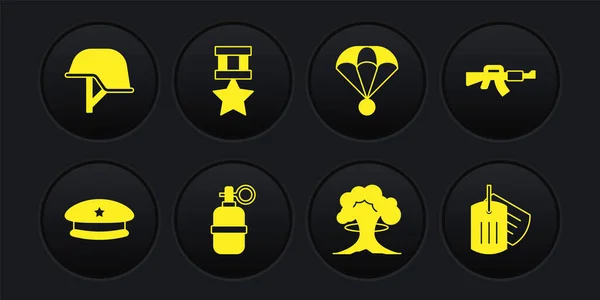 Комплект "Милицейский берет", винтовка М16А1, граната, ядерный взрыв, парашют, наградная медаль, собачья бирка и значок шлема. Вектор — стоковый вектор