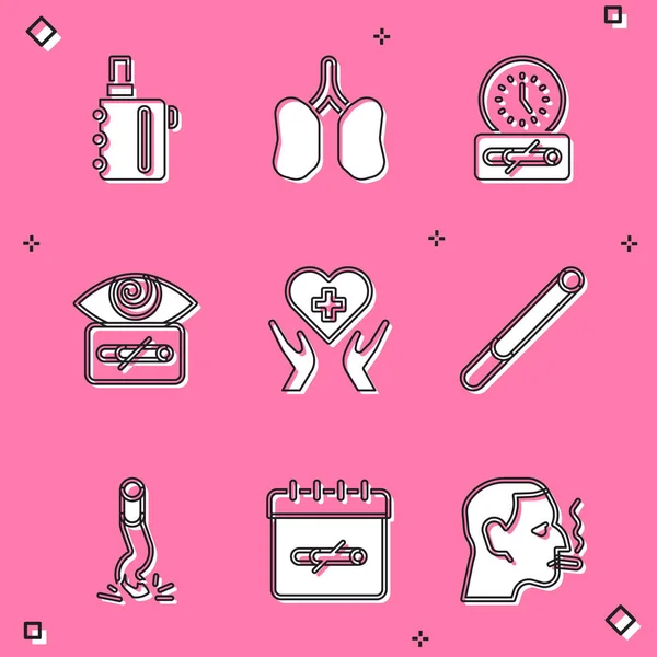 Set Electronic cigarette, Lungs, No smoking time, Hypnosis, Heart with cross, Cigarette, butt and days icon. Vector — Image vectorielle