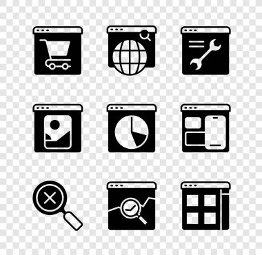 Çevrimiçi alışverişi ekran, Arama motoru, Tarayıcı ayarı, büyüteç ve silme, hisse senedi pazarı, dosyalar, fotoğraf rötuşlama ve grafik bilgi simgesi olan web sitesi üzerinde ayarla. Vektör