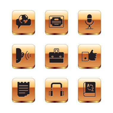 Öğrenme yabancı dilleri, Not Defteri, Kulaklıklar, Evrak Çantası, Kulaklık, Ses Sinyali, Mikrofon Ses Aygıtı, Çevirmen ve Sertifika şablon simgesini ayarla. Vektör