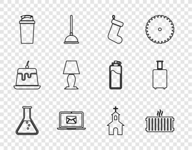 Hat hattı test tüpü ve matarası, ısıtma radyatörü, Noel çorabı, zarflı dizüstü bilgisayar, fitness aleti, masa lambası, kilise binası ve seyahat valizi ikonu. Vektör