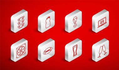 Şampanya kadehleri, su dolu spor şişesi, endüstriyel kanca, dizüstü bilgisayar zarfı, bira, trafik ışığı, Amerikan futbolu ve bilgisayar soğutucu ikonu. Vektör