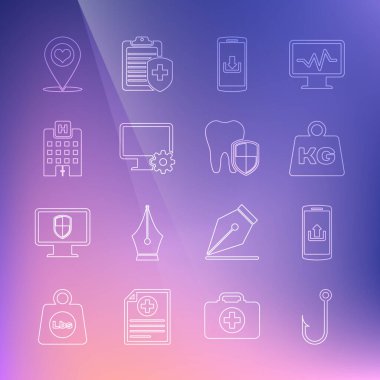 Olta oltası, yükleme, ağırlık indirme, bilgisayar monitörü ve teçhizat, tıbbi hastane binası, harita işaretleyici kalp ve diş koruma ikonu ile akıllı telefon ayarlayın. Vektör