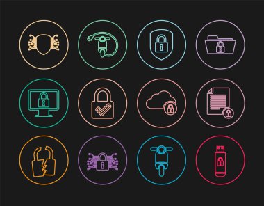 USB USB flash diskini kilit, belge ve kalkanların güvenliği, kilit kontrolü, monitör, siber, bulut bilgisayarı ve elektrikli scooter ikonu ile ayarla. Vektör
